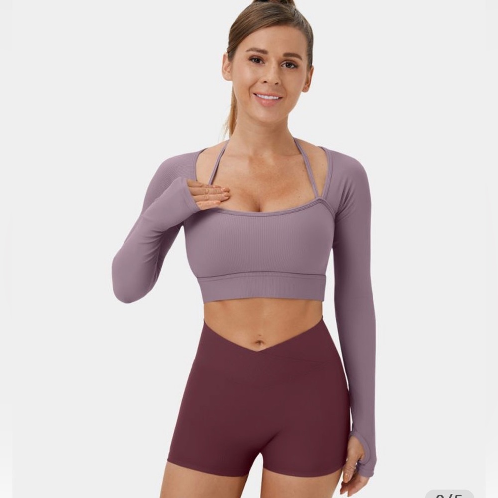 Halara Ribbed Halter Thumb Hole Cropped Top Purple Iris Medium New